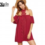 SheIn New Arrival Dress 2017 Clothes Women Burgundy Embroidered Lace Applique Halter Neck Half Sleeve Beach Dress