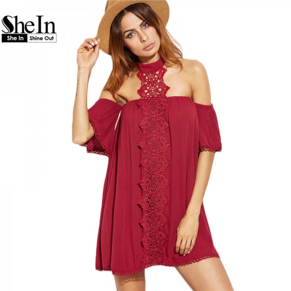 SheIn New Arrival Dress 2017 Clothes Women Burgundy Embroidered Lace Applique Halter Neck Half Sleeve Beach Dress