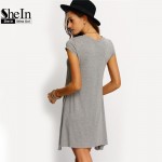 SheIn New Arrival Womens Summer Dresses 2016 Ladies Grey Asymmetric Hem Casual Round Neck Short Sleeve Shift Tees Dress