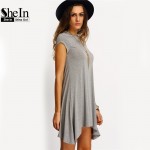 SheIn New Arrival Womens Summer Dresses 2016 Ladies Grey Asymmetric Hem Casual Round Neck Short Sleeve Shift Tees Dress