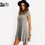 SheIn New Arrival Womens Summer Dresses 2016 Ladies Grey Asymmetric Hem Casual Round Neck Short Sleeve Shift Tees Dress