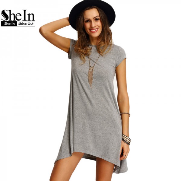 SheIn New Arrival Womens Summer Dresses 2016 Ladies Grey Asymmetric Hem Casual Round Neck Short Sleeve Shift Tees Dress