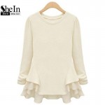 SheIn New Autumn Hot Top Women's Beige Long Sleeve Contrast Chiffon Ruffles Tees Fashion Casual Brief Street Fashionable T-Shirt