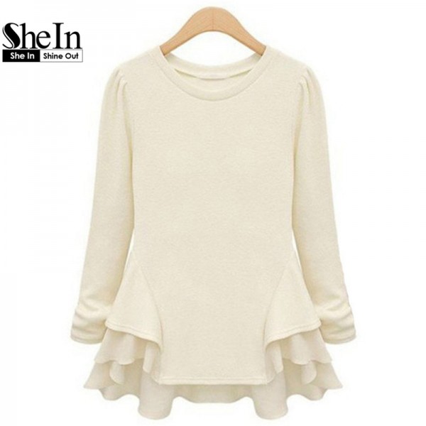 SheIn New Autumn Hot Top Women's Beige Long Sleeve Contrast Chiffon Ruffles Tees Fashion Casual Brief Street Fashionable T-Shirt