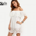 SheIn New Fashion Women Summer Beach Dresses Ladies Boho White Short Sleeve Cut Out Off The Shoulder Ruffle Dress