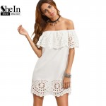 SheIn New Fashion Women Summer Beach Dresses Ladies Boho White Short Sleeve Cut Out Off The Shoulder Ruffle Dress