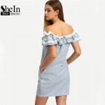 SheIn New Woman Dress 2016 Summer Fashion Blue Off The Shoulder Flounce Striped Pockets Casual Straight Mini Dresses