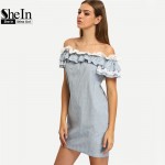 SheIn New Woman Dress 2016 Summer Fashion Blue Off The Shoulder Flounce Striped Pockets Casual Straight Mini Dresses