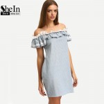 SheIn New Woman Dress 2016 Summer Fashion Blue Off The Shoulder Flounce Striped Pockets Casual Straight Mini Dresses