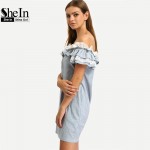 SheIn New Woman Dress 2016 Summer Fashion Blue Off The Shoulder Flounce Striped Pockets Casual Straight Mini Dresses