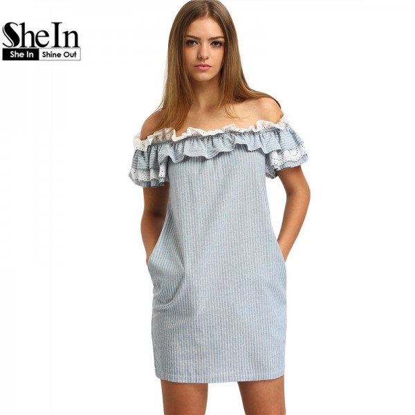 SheIn New Woman Dress 2016 Summer Fashion Blue Off The Shoulder Flounce Striped Pockets Casual Straight Mini Dresses