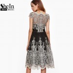 SheIn Party Dresses Color Block Black Champagne Contrast Fit And Flare Embroidered Cap Sleeve Knee Length Mesh Elegant Dress