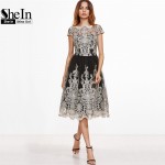 SheIn Party Dresses Color Block Black Champagne Contrast Fit And Flare Embroidered Cap Sleeve Knee Length Mesh Elegant Dress