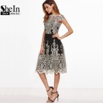 SheIn Party Dresses Color Block Black Champagne Contrast Fit And Flare Embroidered Cap Sleeve Knee Length Mesh Elegant Dress