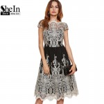 SheIn Party Dresses Color Block Black Champagne Contrast Fit And Flare Embroidered Cap Sleeve Knee Length Mesh Elegant Dress