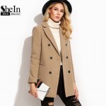 SheIn Pea Coat Womens Autumn Coat Women Double Breasted Overcoat For Women Lapel Long Sleeve Camel Coat With Welt Pocket