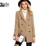 SheIn Pea Coat Womens Autumn Coat Women Double Breasted Overcoat For Women Lapel Long Sleeve Camel Coat With Welt Pocket