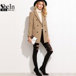 SheIn Pea Coat Womens Autumn Coat Women Double Breasted Overcoat For Women Lapel Long Sleeve Camel Coat With Welt Pocket