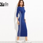 SheIn Sexy Dresses 2017 New Arrival Pencil Dress Women Blue Striped Side Three Quarter Length Sleeve Sheath Dress