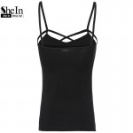 SheIn Sexy Slip V Neck Sheath Cami Top New Style 2016 Summer Plain Black Spaghetti Strap Hollow Out Slim Camisole