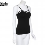 SheIn Sexy Slip V Neck Sheath Cami Top New Style 2016 Summer Plain Black Spaghetti Strap Hollow Out Slim Camisole