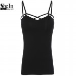 SheIn Sexy Slip V Neck Sheath Cami Top New Style 2016 Summer Plain Black Spaghetti Strap Hollow Out Slim Camisole