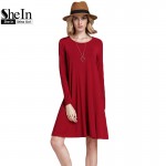 SheIn Shirt Dress Woman Long Sleeve Round Neck Casual T shirt Dress Summer Ladies 2016 Fashion Short Dress