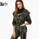 SheIn Spring Jacket Women Casual Outerwear Womens Olive Green Camo Print Hooded Shawl Collar Wrap Belted Jacket