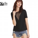 SheIn Summer 2017 Women Clothing Summer T-shirt for Women Black Eyelet Mesh Boat Neck Short Sleeve Sexy T-shirt