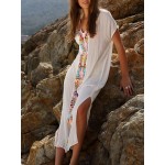 SheIn Summer Beach Long Dresses For Women Boho White Embroidery V Neck Short Sleeve Placement Print Split Side Maxi Dress