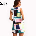 SheIn Summer Casual Dresses For Woman 2016 New Ladies Multicolor Crew Neck Sleeveless Zipper Back Color Block Dress