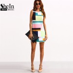 SheIn Summer Casual Dresses For Woman 2016 New Ladies Multicolor Crew Neck Sleeveless Zipper Back Color Block Dress