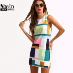 SheIn Summer Casual Dresses For Woman 2016 New Ladies Multicolor Crew Neck Sleeveless Zipper Back Color Block Dress