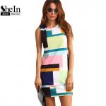 SheIn Summer Casual Dresses For Woman 2016 New Ladies Multicolor Crew Neck Sleeveless Zipper Back Color Block Dress