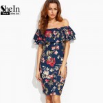 SheIn Summer Dress 2017 Clothes Women Short Sleeve Multicolor Floral Print Off The Shoulder Ruffle Sheath Dress