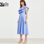 SheIn Summer Dress 2017 Women Blue Striped One Shoulder Layered Ruffle Dress Sleeveless A Line Midi Party Dress