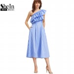 SheIn Summer Dress 2017 Women Blue Striped One Shoulder Layered Ruffle Dress Sleeveless A Line Midi Party Dress