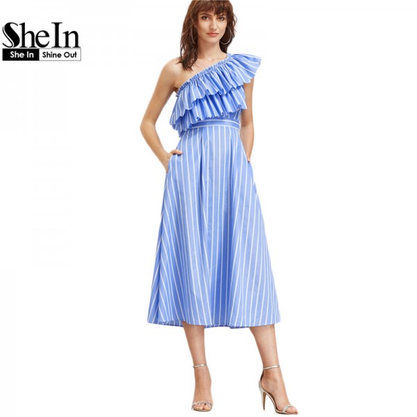 SheIn Summer Dress 2017 Women Blue Striped One Shoulder Layered Ruffle Dress Sleeveless A Line Midi Party Dress