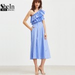 SheIn Summer Dress 2017 Women Blue Striped One Shoulder Layered Ruffle Dress Sleeveless A Line Midi Party Dress