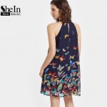 SheIn Summer Dress 2017 Womens Clothing Boho Dress Womens Navy Butterfly Print Halter Neck Sleeveless A Line Dress