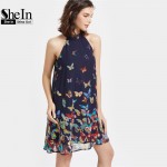 SheIn Summer Dress 2017 Womens Clothing Boho Dress Womens Navy Butterfly Print Halter Neck Sleeveless A Line Dress