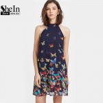 SheIn Summer Dress 2017 Womens Clothing Boho Dress Womens Navy Butterfly Print Halter Neck Sleeveless A Line Dress