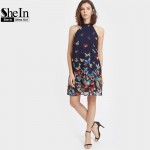 SheIn Summer Dress 2017 Womens Clothing Boho Dress Womens Navy Butterfly Print Halter Neck Sleeveless A Line Dress