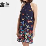 SheIn Summer Dress 2017 Womens Clothing Boho Dress Womens Navy Butterfly Print Halter Neck Sleeveless A Line Dress