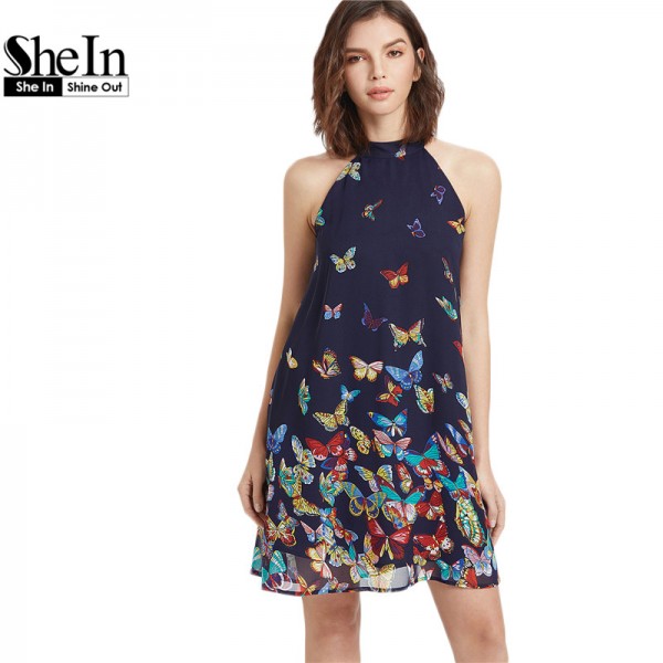 SheIn Summer Dress 2017 Womens Clothing Boho Dress Womens Navy Butterfly Print Halter Neck Sleeveless A Line Dress