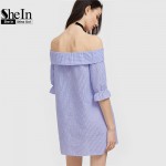 SheIn Summer Dress Blue And White Striped Bow Tie Fold Off The Shoulder Dress Womens Half Sleeve Cute Shift Dress 