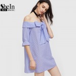 SheIn Summer Dress Blue And White Striped Bow Tie Fold Off The Shoulder Dress Womens Half Sleeve Cute Shift Dress 