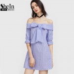 SheIn Summer Dress Blue And White Striped Bow Tie Fold Off The Shoulder Dress Womens Half Sleeve Cute Shift Dress 