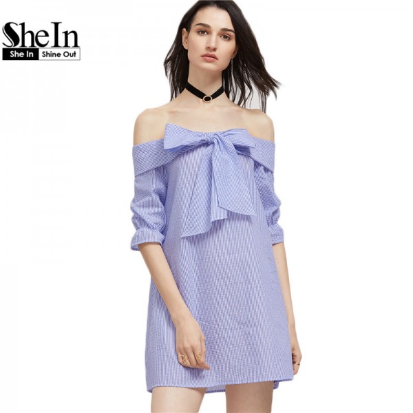 SheIn Summer Dress Blue And White Striped Bow Tie Fold Off The Shoulder Dress Womens Half Sleeve Cute Shift Dress 