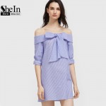 SheIn Summer Dress Blue And White Striped Bow Tie Fold Off The Shoulder Dress Womens Half Sleeve Cute Shift Dress 